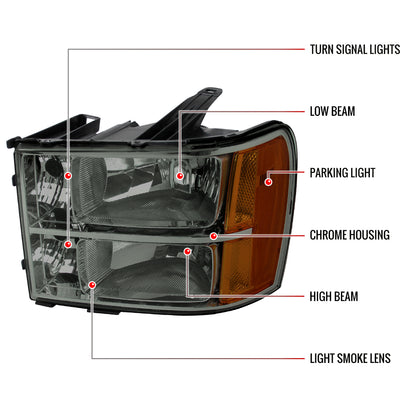 2007-2013 GMC Sierra 1500/2007-2014 Sierra 2500HD 3500HD Factory Style Headlights (Chrome Housing/Light Smoked Lens)