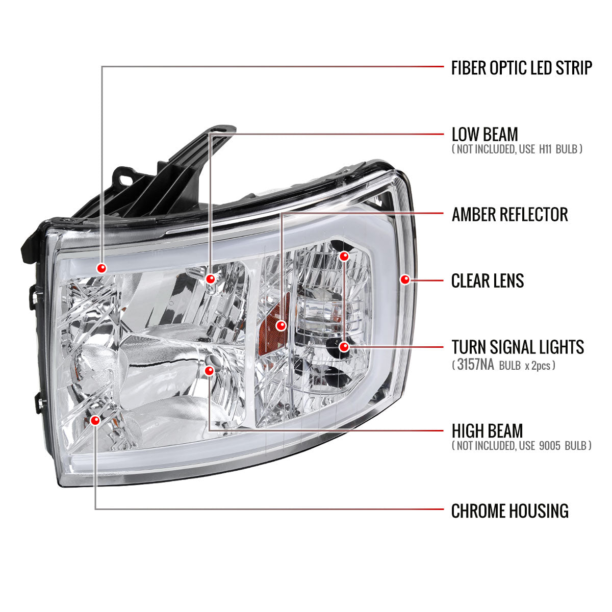 2007-2013 Chevrolet Silverado 1500/ 2007-2014 Silverado 2500HD 3500HD LED C-Bar Factory Style Headlights w/ Amber Reflector (Chrome Housing/Clear Lens)