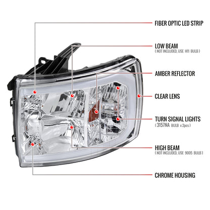 2007-2013 Chevrolet Silverado 1500/ 2007-2014 Silverado 2500HD 3500HD LED C-Bar Factory Style Headlights w/ Amber Reflector (Chrome Housing/Clear Lens)