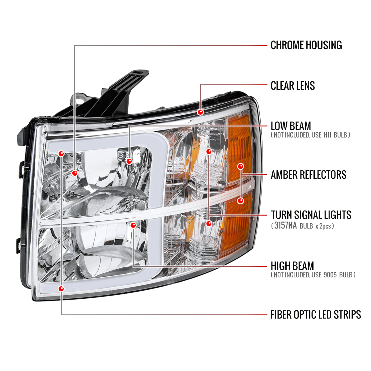 2007-2013 Chevrolet Silverado 1500/ 2007-2014 Silverado 2500HD 3500HD LED Bar Factory Style Headlights w/ Amber Reflector (Chrome Housing/Clear Lens)