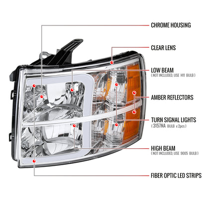 2007-2013 Chevrolet Silverado 1500/ 2007-2014 Silverado 2500HD 3500HD LED Bar Factory Style Headlights w/ Amber Reflector (Chrome Housing/Clear Lens)