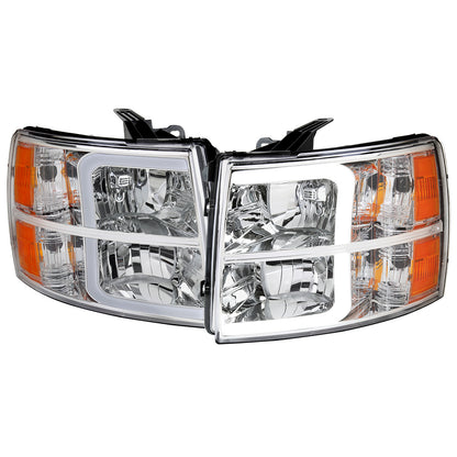 2007-2013 Chevrolet Silverado 1500/ 2007-2014 Silverado 2500HD 3500HD LED Bar Factory Style Headlights w/ Amber Reflector (Chrome Housing/Clear Lens)