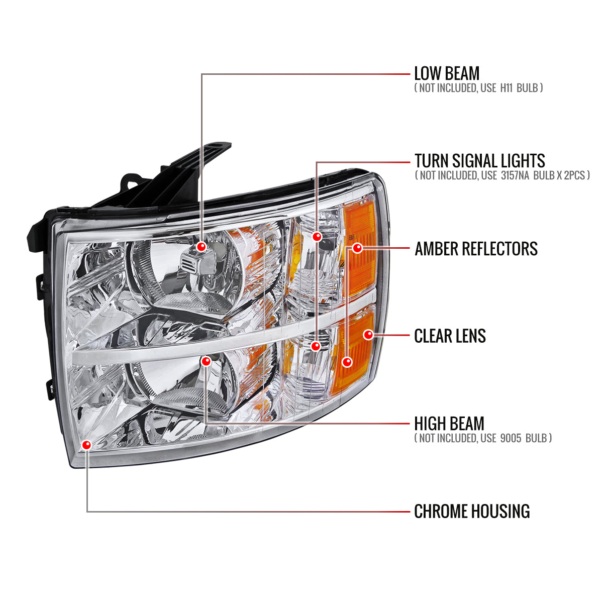 2007-2013 Chevrolet Silverado 1500/ 2007-2014 Silverado 2500HD 3500HD Factory Style Headlights (Chrome Housing/Clear Lens)