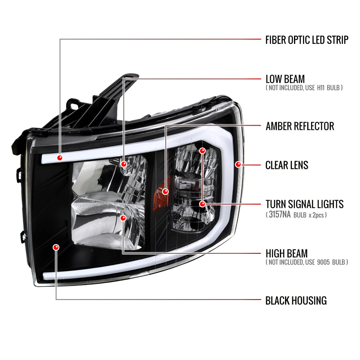 2007-2013 Chevrolet Silverado 1500/ 2007-2014 Silverado 2500HD 3500HD LED C-Bar Factory Style Headlights w/ Amber Reflector (Matte Black Housing/Clear Lens)