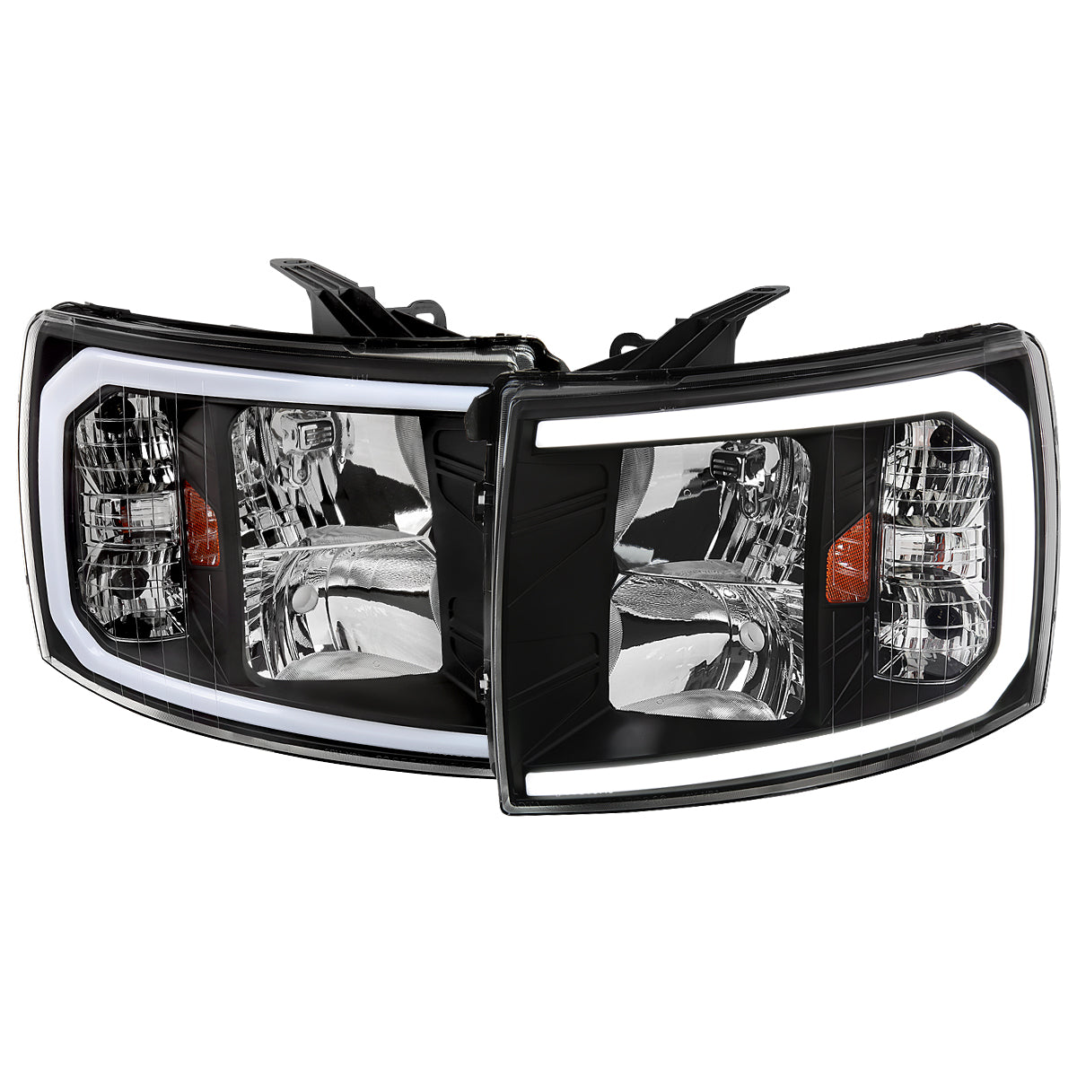 2007-2013 Chevrolet Silverado 1500/ 2007-2014 Silverado 2500HD 3500HD LED C-Bar Factory Style Headlights w/ Amber Reflector (Matte Black Housing/Clear Lens)