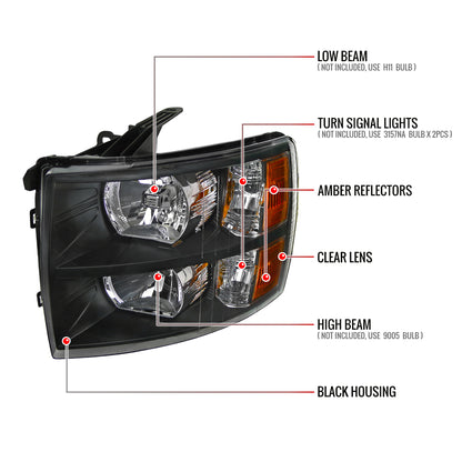 2007-2013 Chevrolet Silverado 1500/ 2007-2014 Silverado 2500HD 3500HD Factory Style Headlights (Matte Black Housing/Clear Lens)