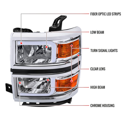 2014-2015 Chevrolet Silverado 1500 LED Bar Factory Style Headlights (Chrome Housing/Clear Lens)
