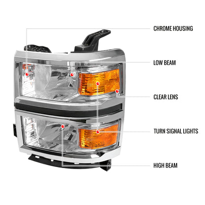 2014-2015 Chevrolet Silverado 1500 Factory Style Headlights w/ Amber Reflectors (Chrome Housing/Clear Lens)