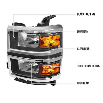 2014-2015 Chevrolet Silverado 1500 Factory Style Headlights w/ Amber Reflectors (Matte Black Housing/Clear Lens)