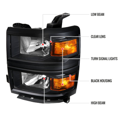 2014-2015 Chevrolet Silverado 1500 Factory Style V2 Headlights (Matte Black Housing/Clear Lens)