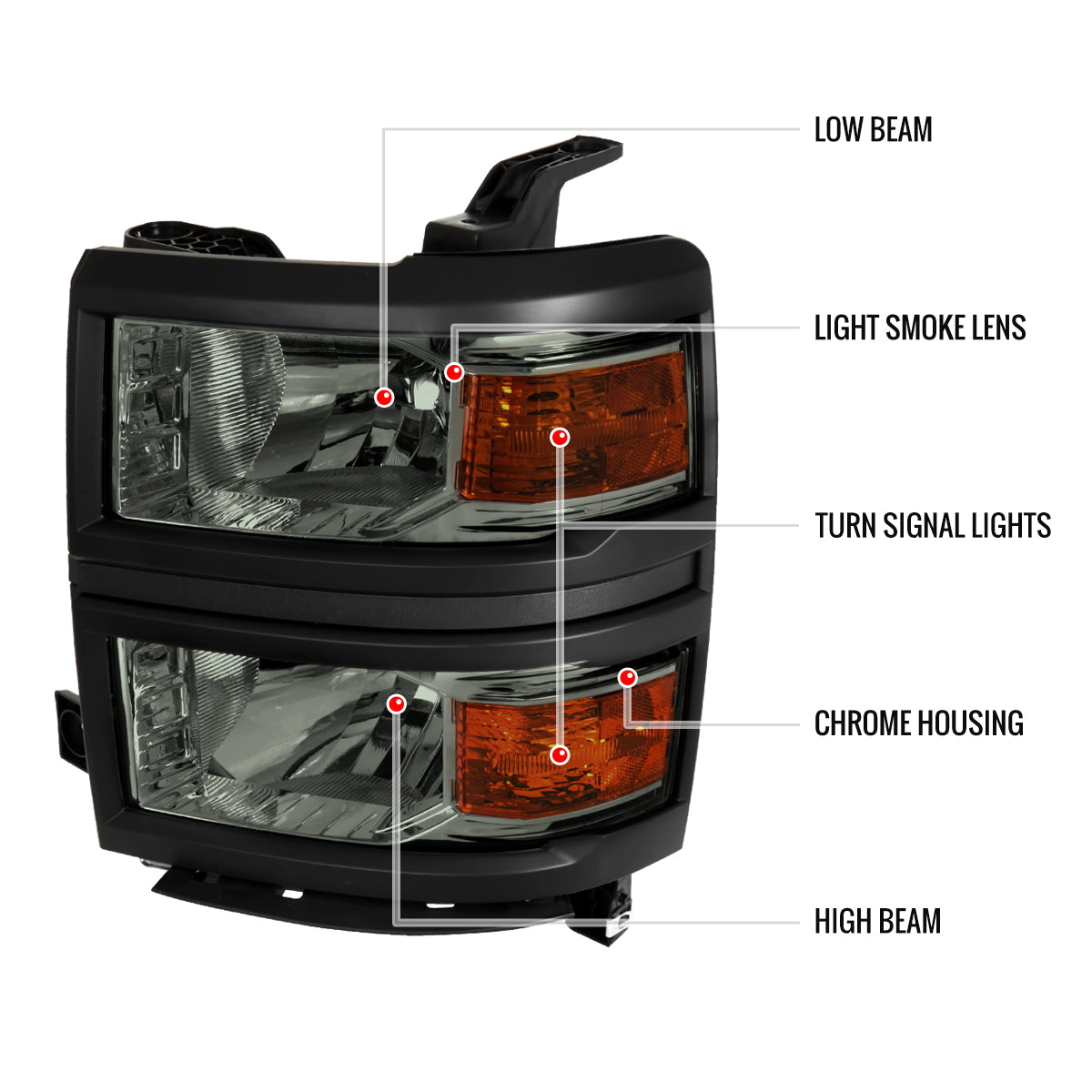 2014-2015 Chevrolet Silverado 1500 Factory Style Headlights w/ Black Trim (Chrome Housing/Light Smoked Lens)