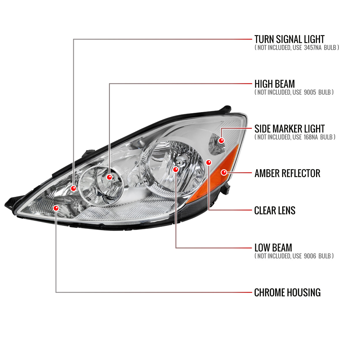2006-2010 Toyota Sienna Factory Style Headlights w/ Amber Reflector (Chrome Housing/Clear Lens)