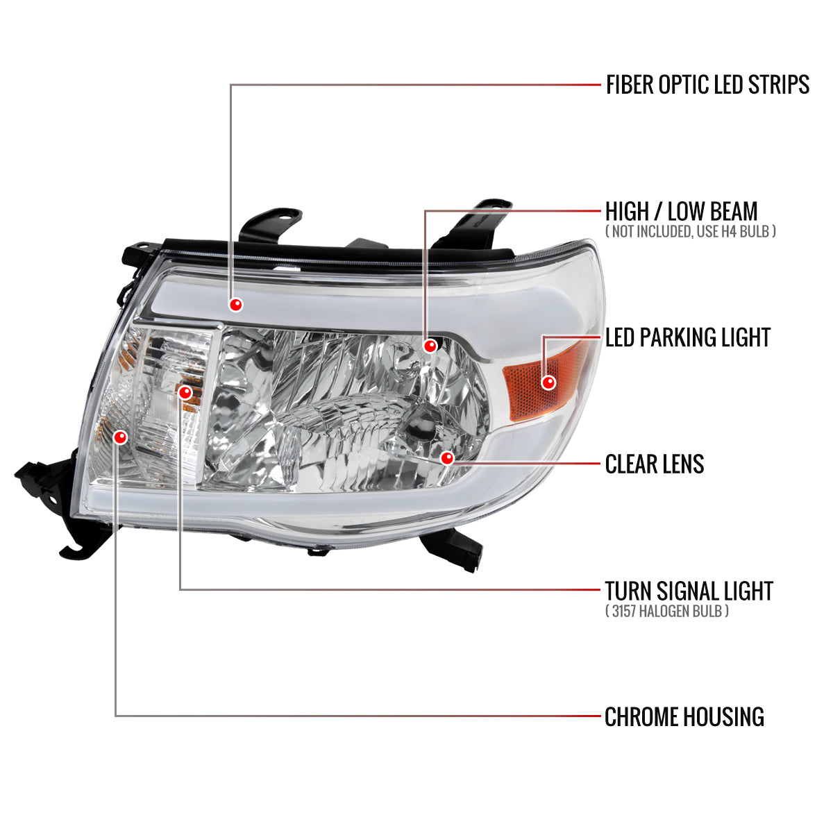 2005-2011 Toyota Tacoma LED Bar Factory Style Headlights (Chrome Housing/Clear Lens)