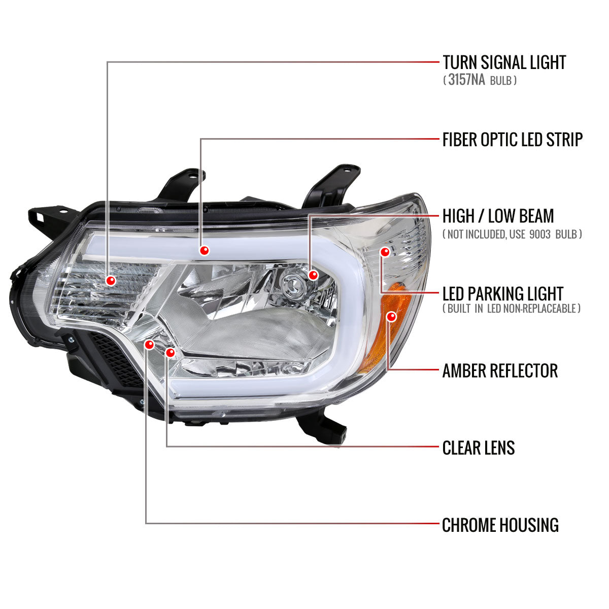 2012-2015 Toyota Tacoma LED Bar Factory Style Headlights with Amber Reflector (Chrome Housing/Clear Lens)