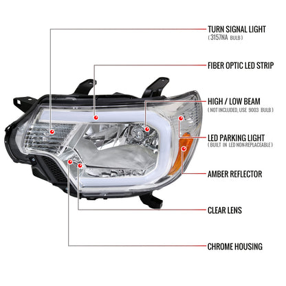 2012-2015 Toyota Tacoma LED Bar Factory Style Headlights with Amber Reflector (Chrome Housing/Clear Lens)