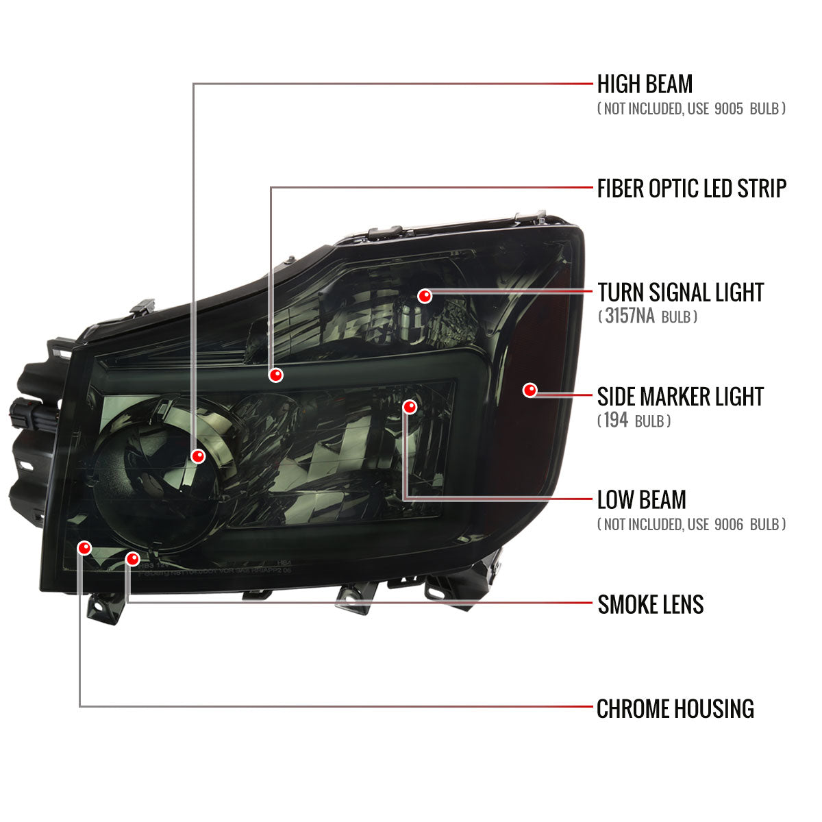 2004-2015 Nissan Titan / 2004-2007 Armada LED Bar Factory Headlights (Chrome Housing/Smoked Lens)