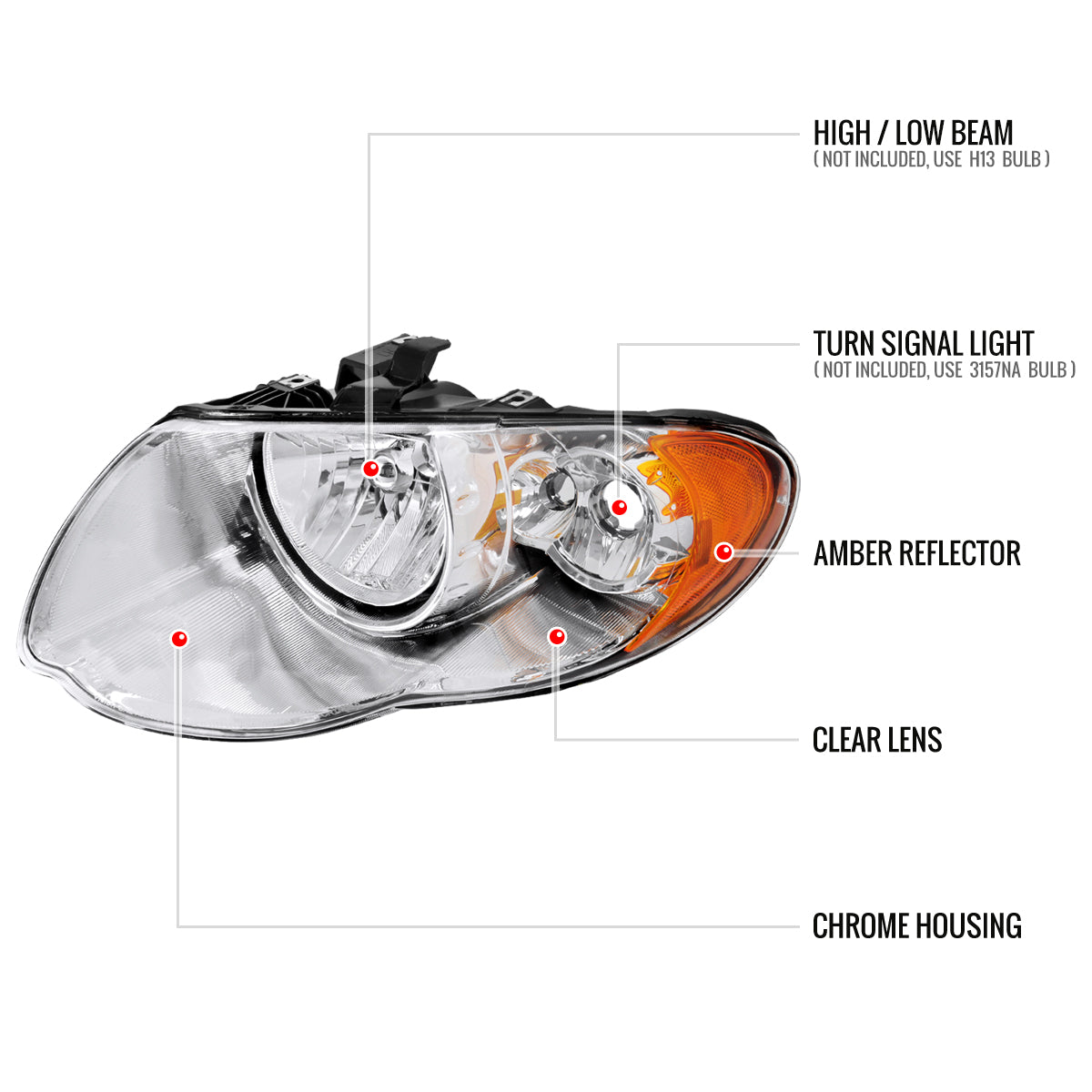 2005-2007 Chrysler Town & Country Factory Style Replacement Headlights (Chrome Housing/Clear Lens)