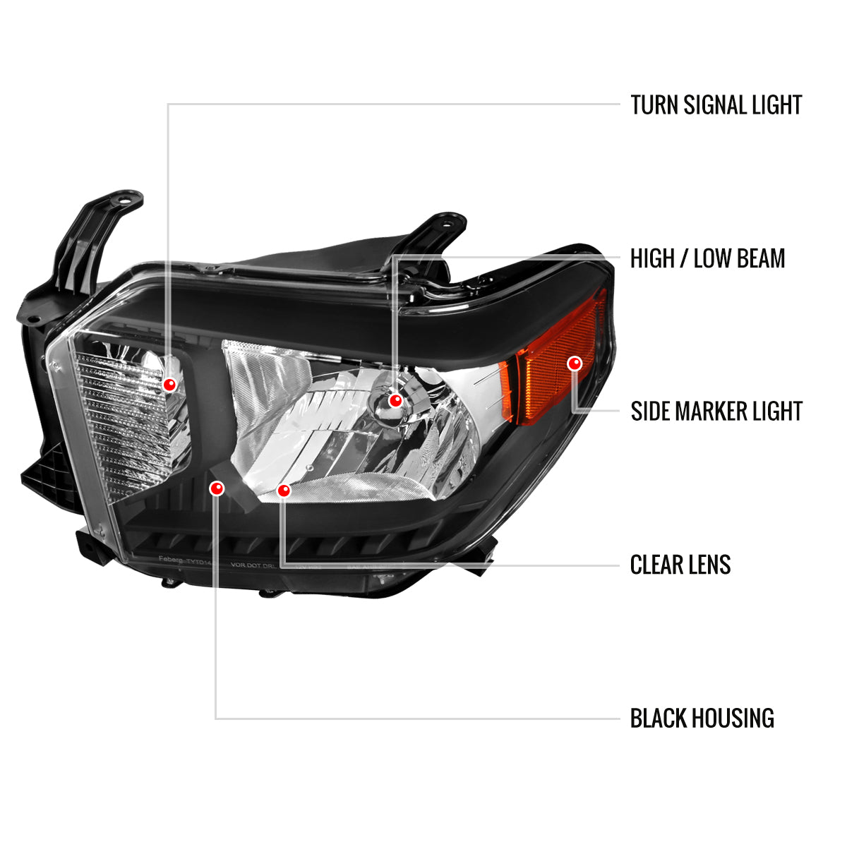2014-2021 Toyota Tundra Factory Style Crystal Headlights w/ Amber Reflectors (Matte Black Housing/Clear Lens)