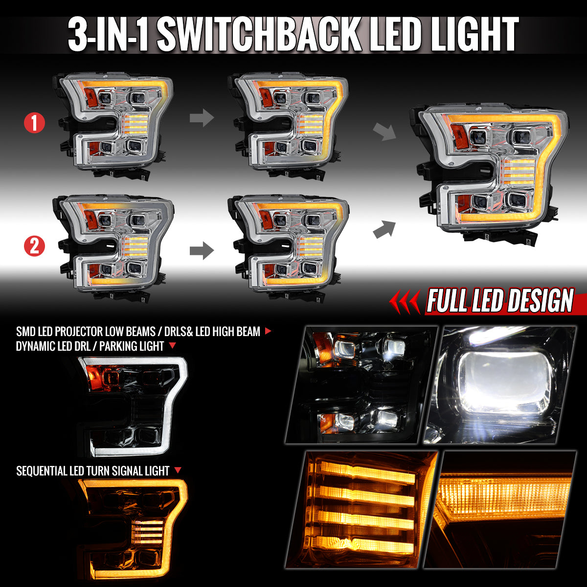 2015-2017 Ford F-150 LED Projector Headlights w/ Switchback LED Sequential Turn Signals DRL Parking Light Strip (Chrome Housing / Clear Lens)