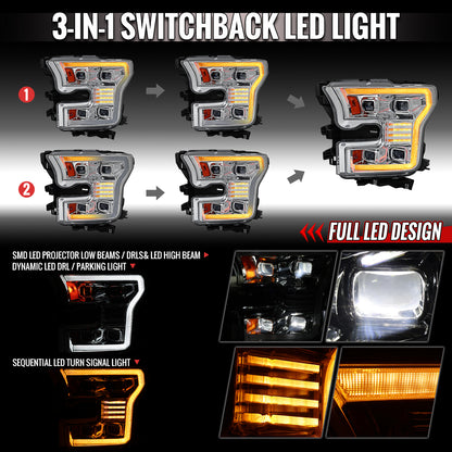 2015-2017 Ford F-150 LED Projector Headlights w/ Switchback LED Sequential Turn Signals DRL Parking Light Strip (Chrome Housing / Clear Lens)