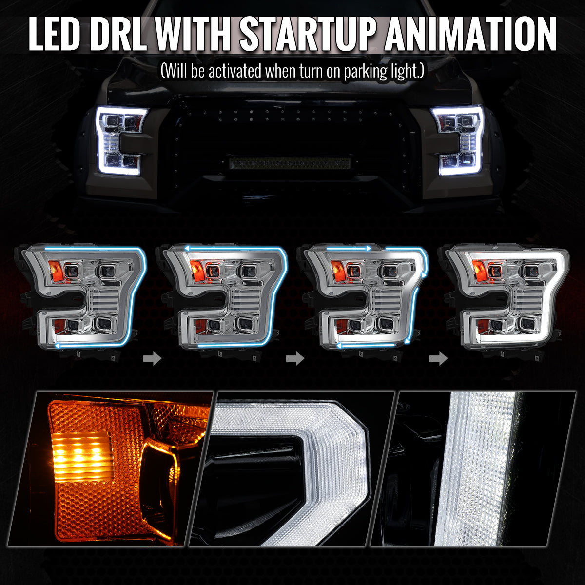 2015-2017 Ford F-150 LED Projector Headlights w/ Switchback LED Sequential Turn Signals DRL Parking Light Strip (Chrome Housing / Clear Lens)