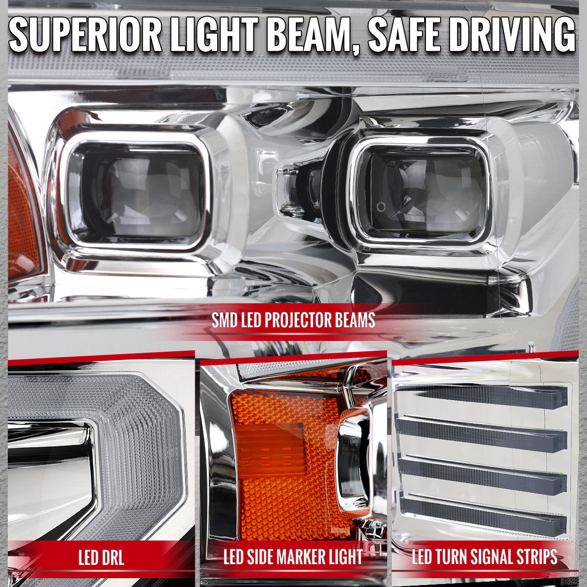 2015-2017 Ford F-150 LED Projector Headlights w/ Switchback LED Sequential Turn Signals DRL Parking Light Strip (Chrome Housing / Clear Lens)
