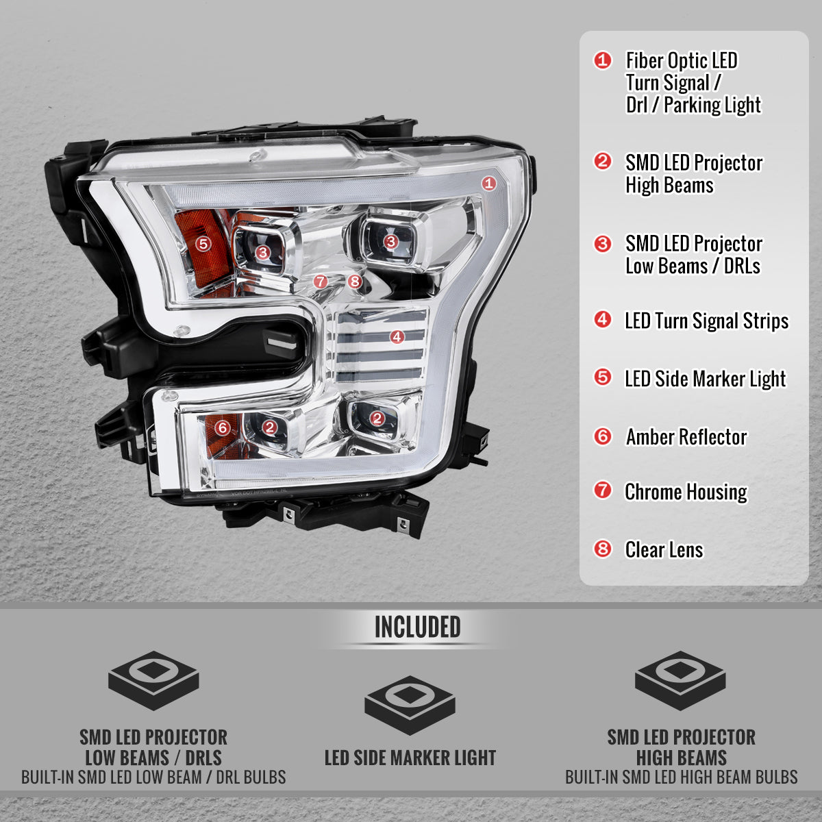 2015-2017 Ford F-150 LED Projector Headlights w/ Switchback LED Sequential Turn Signals DRL Parking Light Strip (Chrome Housing / Clear Lens)