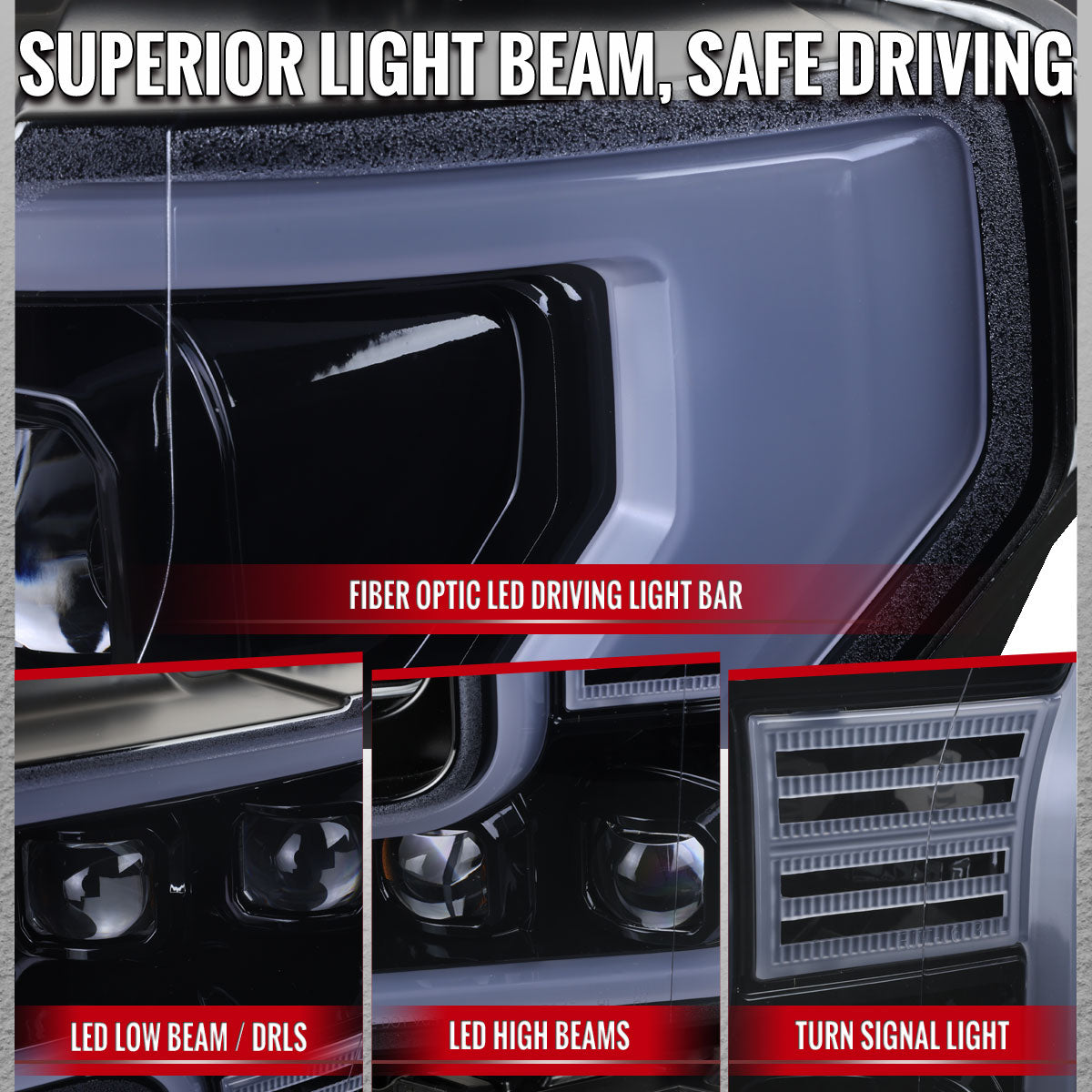 2015-2017 Ford F-150 LED Projector Headlights w/ LED DRL Light Bar (Glossy Black Housing / Smoked Lens)