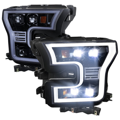 2015-2017 Ford F-150 LED Projector Headlights w/ LED DRL Light Bar (Glossy Black Housing / Smoked Lens)
