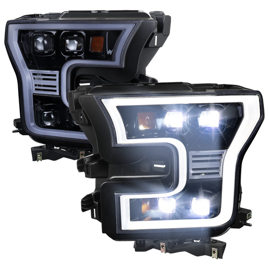 2015-2017 Ford F-150 LED Projector Headlights w/ LED DRL Light Bar (Glossy Black Housing / Smoked Lens)