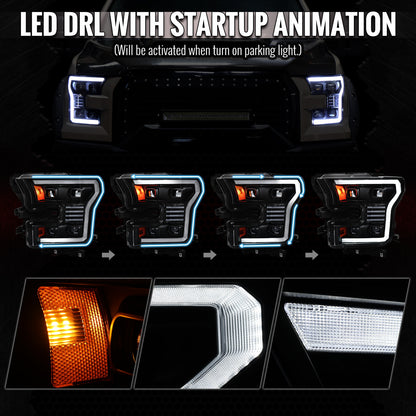 2015-2017 Ford F-150 LED Projector Headlights w/ Switchback LED Sequential Turn Signals DRL Parking Light Strip (Black Housing / Clear Lens)