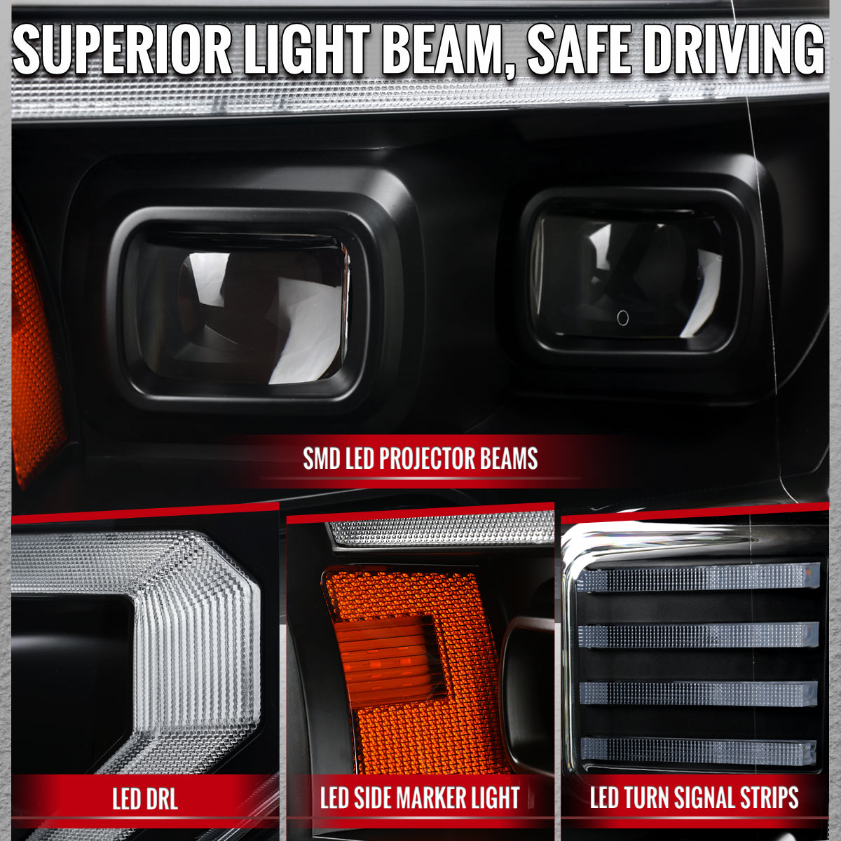 2015-2017 Ford F-150 LED Projector Headlights w/ Switchback LED Sequential Turn Signals DRL Parking Light Strip (Black Housing / Clear Lens)