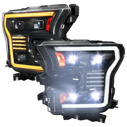 2015-2017 Ford F-150 LED Projector Headlights w/ Switchback LED Sequential Turn Signals DRL Parking Light Strip (Black Housing / Clear Lens)