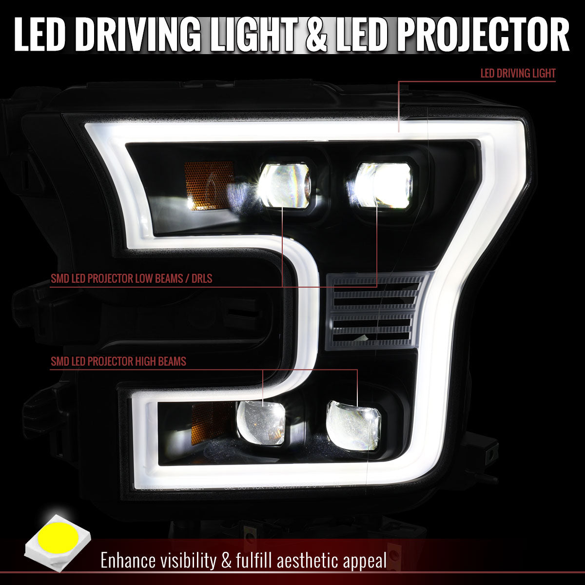 2015-2017 Ford F-150 LED Projector Headlights w/ LED DRL Light Bar (Black Housing / Clear Lens)