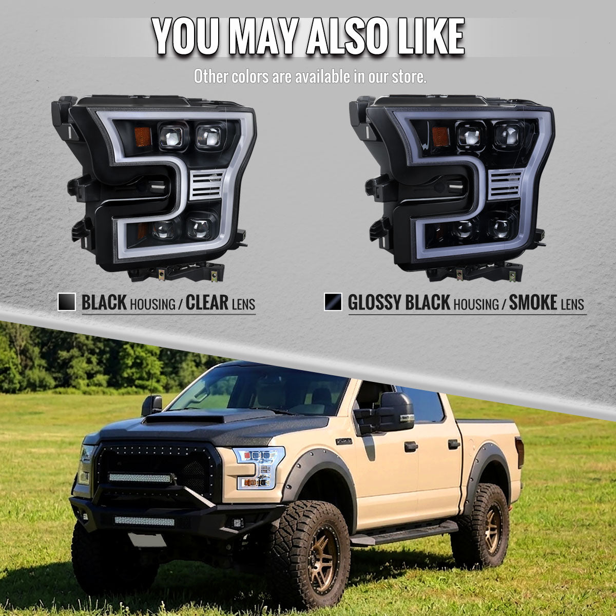 2015-2017 Ford F-150 LED Projector Headlights w/ LED DRL Light Bar (Black Housing / Clear Lens)