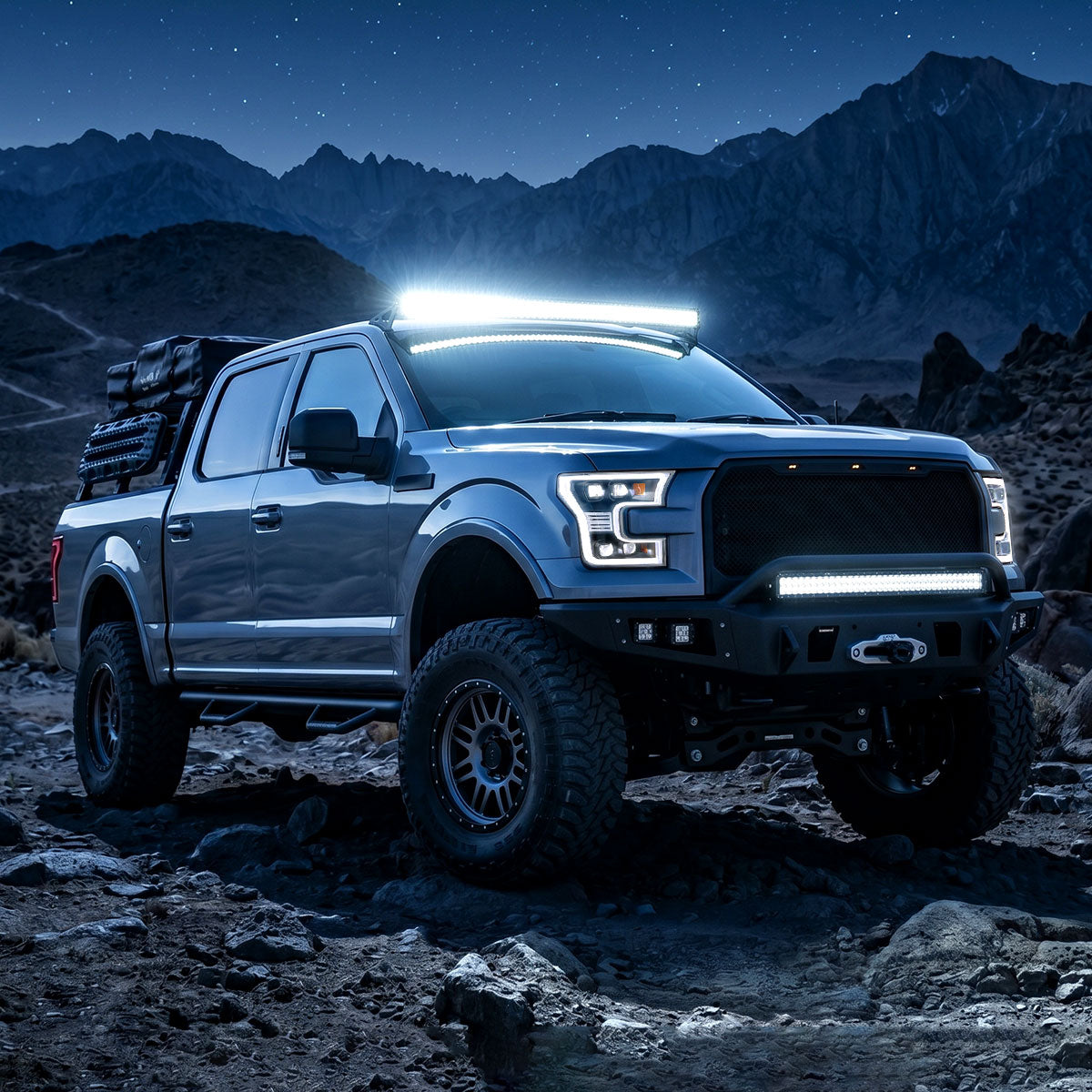 2015-2017 Ford F-150 LED Projector Headlights w/ LED DRL Light Bar (Black Housing / Clear Lens)