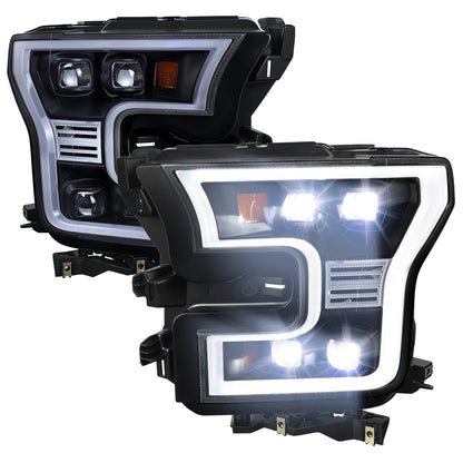 2015-2017 Ford F-150 LED Projector Headlights w/ LED DRL Light Bar (Black Housing / Clear Lens)