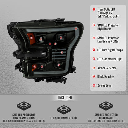 2015-2017 Ford F-150 LED Projector Headlights w/ Switchback LED Sequential Turn Signals DRL Parking Light Strip (Black Housing / Smoked Lens)