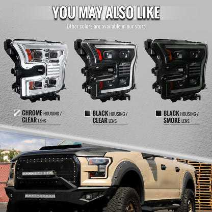 2015-2017 Ford F-150 LED Projector Headlights w/ Switchback LED Sequential Turn Signals DRL Parking Light Strip (Black Housing / Smoked Lens)