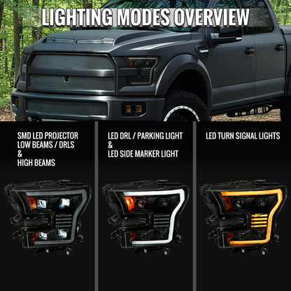 2015-2017 Ford F-150 LED Projector Headlights w/ Switchback LED Sequential Turn Signals DRL Parking Light Strip (Black Housing / Smoked Lens)