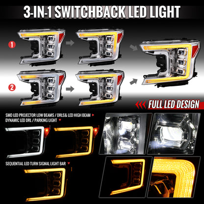 2018-2020 Ford F-150 Full LED Projector Headlights w/ Switchback LED Sequential Turn Signals DRL (Chrome Housing / Clear Lens)