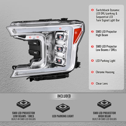 2018-2020 Ford F-150 Full LED Projector Headlights w/ Switchback LED Sequential Turn Signals DRL (Chrome Housing / Clear Lens)