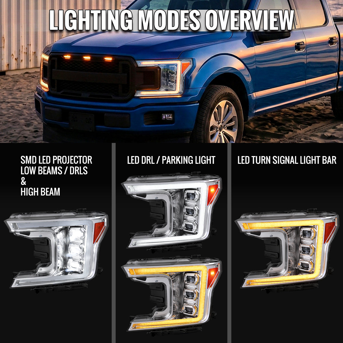 2018-2020 Ford F-150 Full LED Projector Headlights w/ Switchback LED Sequential Turn Signals DRL (Chrome Housing / Clear Lens)