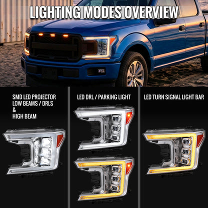 2018-2020 Ford F-150 Full LED Projector Headlights w/ Switchback LED Sequential Turn Signals DRL (Chrome Housing / Clear Lens)