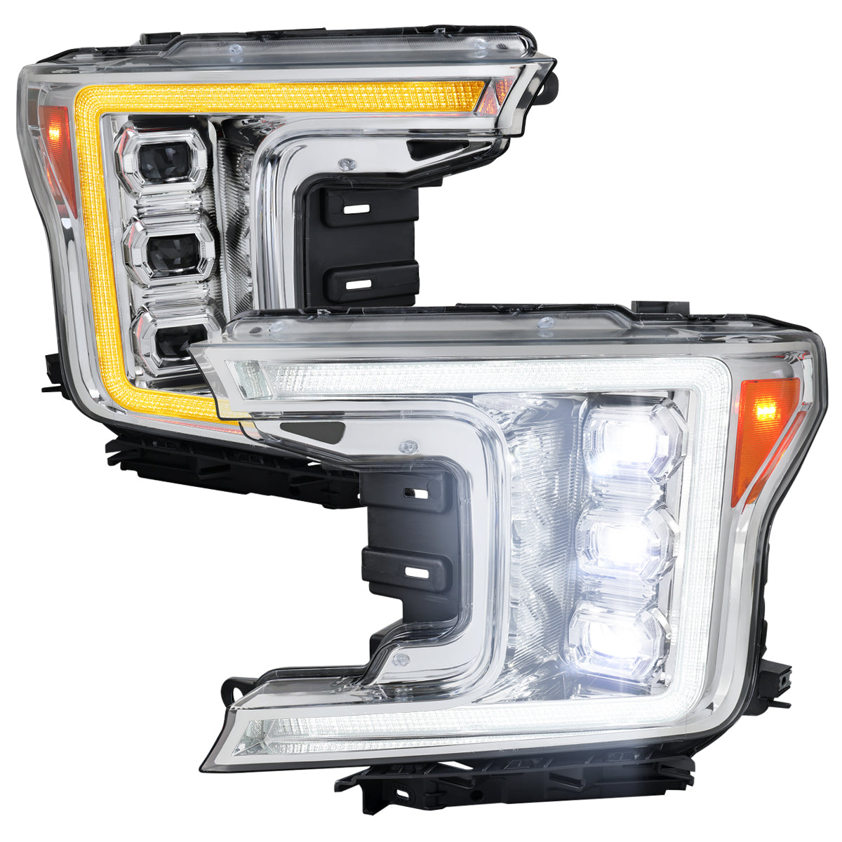 2018-2020 Ford F-150 Full LED Projector Headlights w/ Switchback LED Sequential Turn Signals DRL (Chrome Housing / Clear Lens)