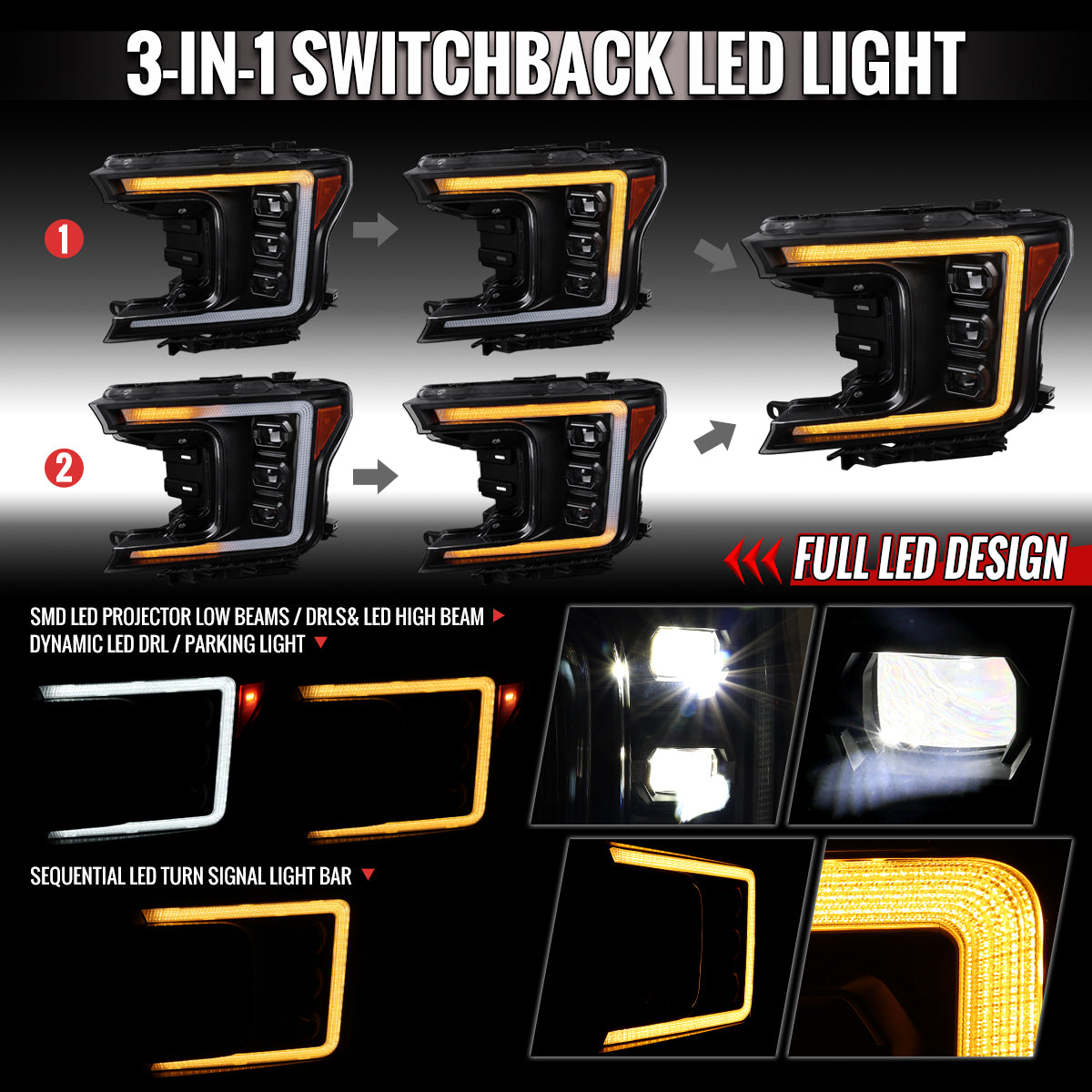 2018-2020 Ford F-150 Full LED Projector Headlights w/ Switchback LED Sequential Turn Signals DRL (Black Housing / Clear Lens)