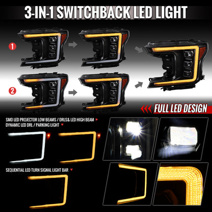 2018-2020 Ford F-150 Full LED Projector Headlights w/ Switchback LED Sequential Turn Signals DRL (Black Housing / Clear Lens)