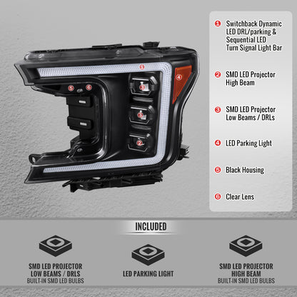 2018-2020 Ford F-150 Full LED Projector Headlights w/ Switchback LED Sequential Turn Signals DRL (Black Housing / Clear Lens)