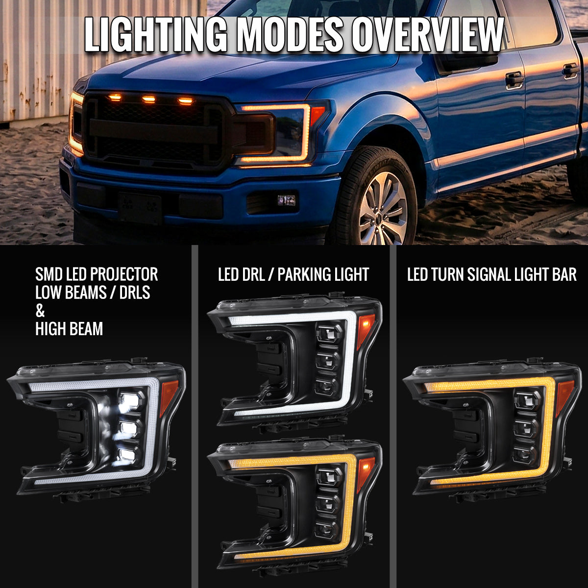2018-2020 Ford F-150 Full LED Projector Headlights w/ Switchback LED Sequential Turn Signals DRL (Black Housing / Clear Lens)