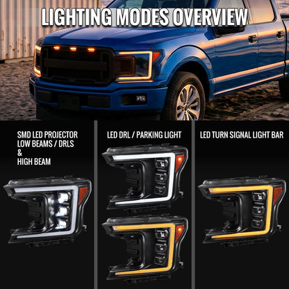 2018-2020 Ford F-150 Full LED Projector Headlights w/ Switchback LED Sequential Turn Signals DRL (Black Housing / Clear Lens)